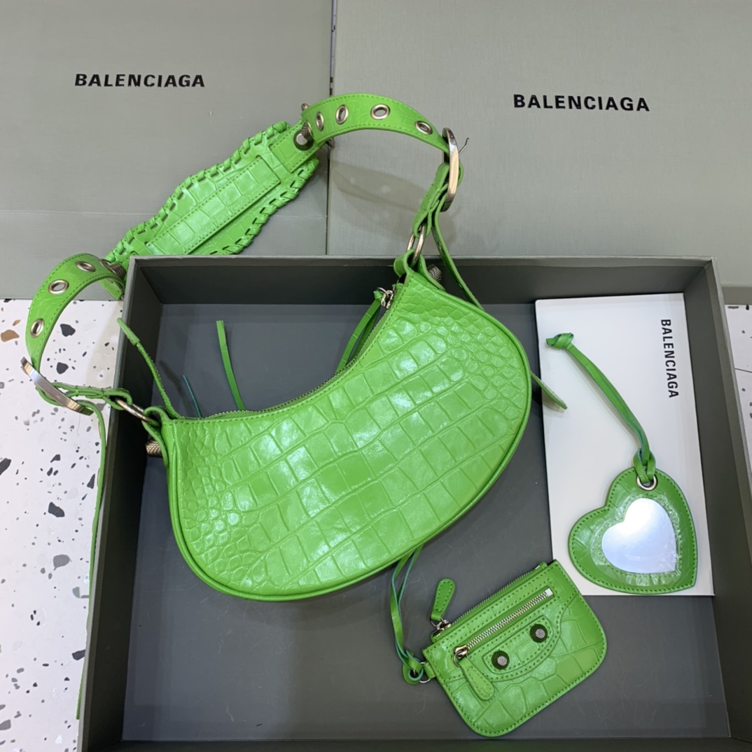 Balenciaga Le Cagole XS Shoulder Bag Crocodile Embossed Light Green 